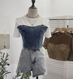 Summer Denim Splicing Mesh Yarn Short-Sleeved T-Shirt Design Fake Two Hot Girl Short Top
