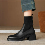 Autumn New High-Winded British Style Short Boots Woman Retro Brown Square Head Thick And Elastic Thin Boots Socks