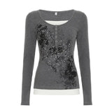 Homologous Retro Butterfly Print Color And Fake Two T-Shirts And Hot Girls Thin Knitted