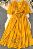 Vintage Women Pleated Chiffon Midi Dress Elegant V-Neck Short Sleeve High Waist A-Line Draped Purple/Red/Yellow Robe