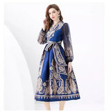 Famous Woman On Holiday Wrapped With V-Neck Lantern Sleeve Long Retro-Print Dress Elegant
