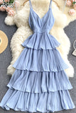 Women Draped Ruffle Spaghetti Strap Dress Sexy Vacation Beach Vestidos Female Elegant High Waist Slim Midi Robe 2023