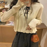 T-shirts Women Solid Wood Ears Bandage Long Sleeve O-Neck Candy Color Korean Style Basic Tees Female Tops Young