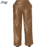 Womens PU Faux Leather Straight Pants High Waist Female Loose Wide Leg Trousers Pocket Fashion Vintage Leisure