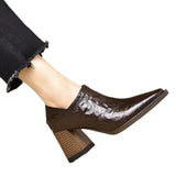 Brown 2025 New Spring And Autumn Square Wood Grain Thick Heel Deep Mouth Single Shoes Women's Side Zipper Work High