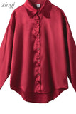 Fashion Button Up Satin Silk Shirt Vintage Blouse Casual Loose Button Up Down Shirts Tops Lady Long Sleeve Female