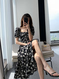 French Sexy Bodycon Black Floral Square Collar Office Lady Midi Chiffon Dress Women Party Elegant Clothes Summer