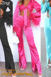 Women Fashion 2 Pcs Outfts Feather Trim Tie Knot Long Sleeved Outfits+High Waist Split Long Pants Suits