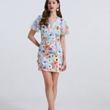 Dress Women Summer French Retro V-Neck Lantern Sleeve Embroidered Mesh Yarn Waist Bubble Sleeve