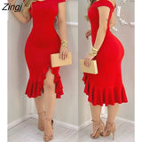 Women Fashion Elegant Sexy Plain Off Shoulder Ruffle Hem Slit Dress Solid Red Black Midi Dress Ruffles Sleeveless
