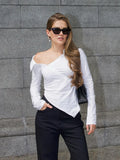Autumn Irregularly Exposed Shoulder Buckle Shirt Female Pure Desire To Slim Slim Personality Design Fashion