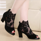 Hot Large-Size Mesh High Heels Coarse Heel Lace Fish Shoes Women's Sandals