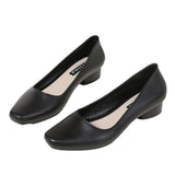 Leisure Square Head Thick Heel Shallow Single Shoes Flight Attendant Work Shoes Black Four-Season Shoes Low
