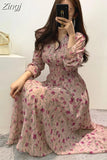 Flower Dress Women Floral Chiffon Clothes Maxi Dresses Beach Elegant Autumn Pink Korean Long Sleeve V Neck Vestidos De