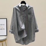 Striped Printed Long-Sleeved Shirt Women 2025 Spring And Autumn Korean Version Of The Liberal And Simple Medium-Sized Shirt