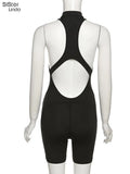 Summer Fitness Biker Romper Women Slim Sleeveless Backless Zipper Hollow Stretchy Playsuits Sportswear Overall