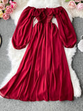 Women Slash Neck Long Sleeve Midi Dress Female Yellow/Red/Pink High Waist Ruffle Big Swing Chiffon Robe Fashion 2023