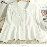 Lace Lapel White Shirt Cute Peter Pan Collar Green Blouses Women Vintage Elegant Office Long Sleeve Blusas Female