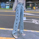 Embroidery Vintage Jeans Women High Waist Wide Leg Denim Pants Blue Streetwear Harajuku Baggy Gothic Black Trousers