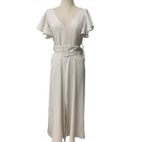 Zingj New V-Neck Dress Solid Color Lotus Leaf Sleeve Dress Temperament Commuter Waist Dress-Outfit