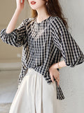 Gas Age Reduction Round Collar Plaid Women 2025 Summer New Fashion Shirt Tiling Single Buckle
