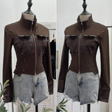 Modern Zipper Collar Spliced Pu Leather Shirt Babes Short Jacket Coat Fur Coat