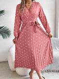 Shooting 2025 Autumn And Winter Elegant Bump Color Wave Point Cross V Collar 100-Fold Long Dress Women's