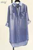 Long Cotton Denim Shirt Spring and Autumn 2023Fashion Pocket Tops Long Sleeve Thin Shirt for Women Clothes New