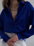 Cuffs Elegant Women Shirts 2023 Satin Spring Fashion Button Down Blouse Long Sleeves Loose Turndown Collar Tops