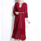 Luxury Famous Dress Women Spring Diamond Seven-Sleeve Mesh Splicing Design Chic Temperament