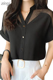 Summer Women Shirts Pullover Chiffon Short-Sleeved Women Tops Solid Color Mesh V-neck Women Clothing camisas mujer