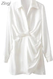 Pink Satin Dress Woman Wrap Short Dresses For Women 2023 Long Sleeve Mini White Dress Lady Fashion Elegant Party