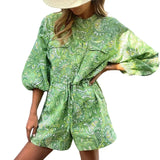 Spot 2025 New Fashion Print Stand Collar Print Rope Shirt Jumpsuit
