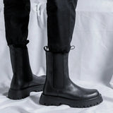 New 2025 High Leg Thick Chelsea Boots Round Head Black Korean Fashion Single Boots