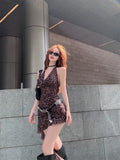 Leopard V-Necked Neck Dress Girl Summer Body-Repair Irregular Short Dress Bare Back To The Waist Babes A-Word