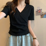 Zingj V-Neck Short-Sleeved T-Shirt Women 2024 Summer New Design Sense Slim Slim Short Students Slim Jacket