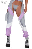 Women Buckles Bottomless Pants High Waist Cargo Trousers Crothchless Color Block Boggy Trousers Long Rave