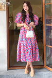 Fashion Puff Sleeve Floral Dress Korea New Casual Office Ladies Womens Cotton Print Dresses Pullover Flower Long