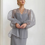 Spring Y2K Blouse Summer Sexy Black See Through Mesh Shirt Women Bubble Sleeve Long Sleeve Shirt Clothes Elegant