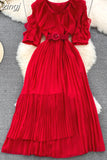 Vintage Women Irregular Pleated Dress Elegant V-Neck Ruffle Short Puff Sleeve High Waist Draped Midi Robe With Belt