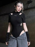 Rib Knit Hollow Out Bodysuit Two Piece Set Patchwork Short Sleeve Bodycon Jumpsuit for Women Goth Top Black Body
