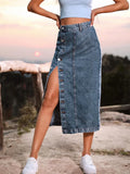 Side Slit Buttoned Denim Midi Skir- Outfit
