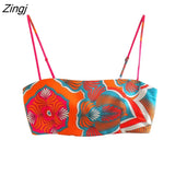 Women Fashion Totem Floral Print Short Sling Smock Blouse Female Side Zipper Elastic Blusas Chic Summer Crop Tops