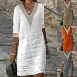 And Summer New Solid Color V-Neck Sleeve Cotton Temperament Elegant Dress