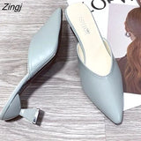 Summer Fashion Women Pointed Toe Slipper Nude White Square Low Heels Outsides Ladies Slides Luxury Brand Beach Mules