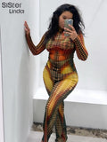 Dot Print Y2K Women Two Piece Set Long Sleeve O-Neck Skinny Elastic Tops+High Waist Wide Leg Pants Female
