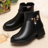 Zingj Leather Mother Cotton Shoes Autumn And Winter Add Velvet Women's Short Boots Middle-Aged Warm Low Heel Thick Heel Rhinestone Snow