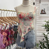 Shoot 辣tie Bra Irregular Sling Sling Vest Slimming Print Mesh Sleeveless Top