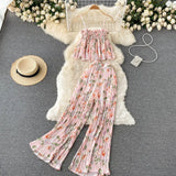 Women Summer Maxi Print Pants Suits New Sleeveless Strap Tops Female Casual Chiffon Two Pieces Sets Beach