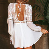 2023 Elegant Women Summer Casual Boho Backless Long Sleeve Hollow Out Solid Dress Evening Party Summer Beach